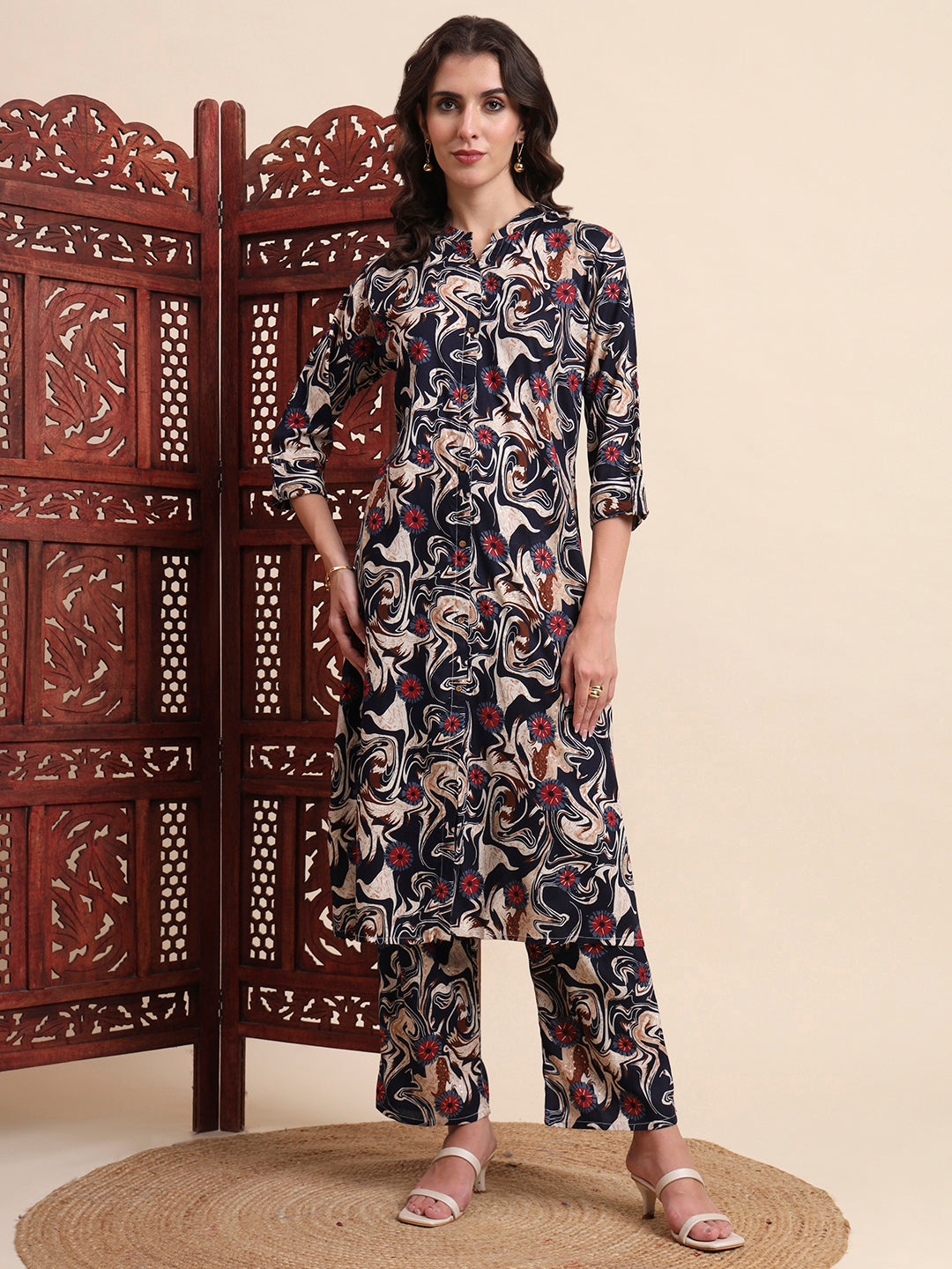 Black Rayon Foil Printed A-Line Kurta Pant Set