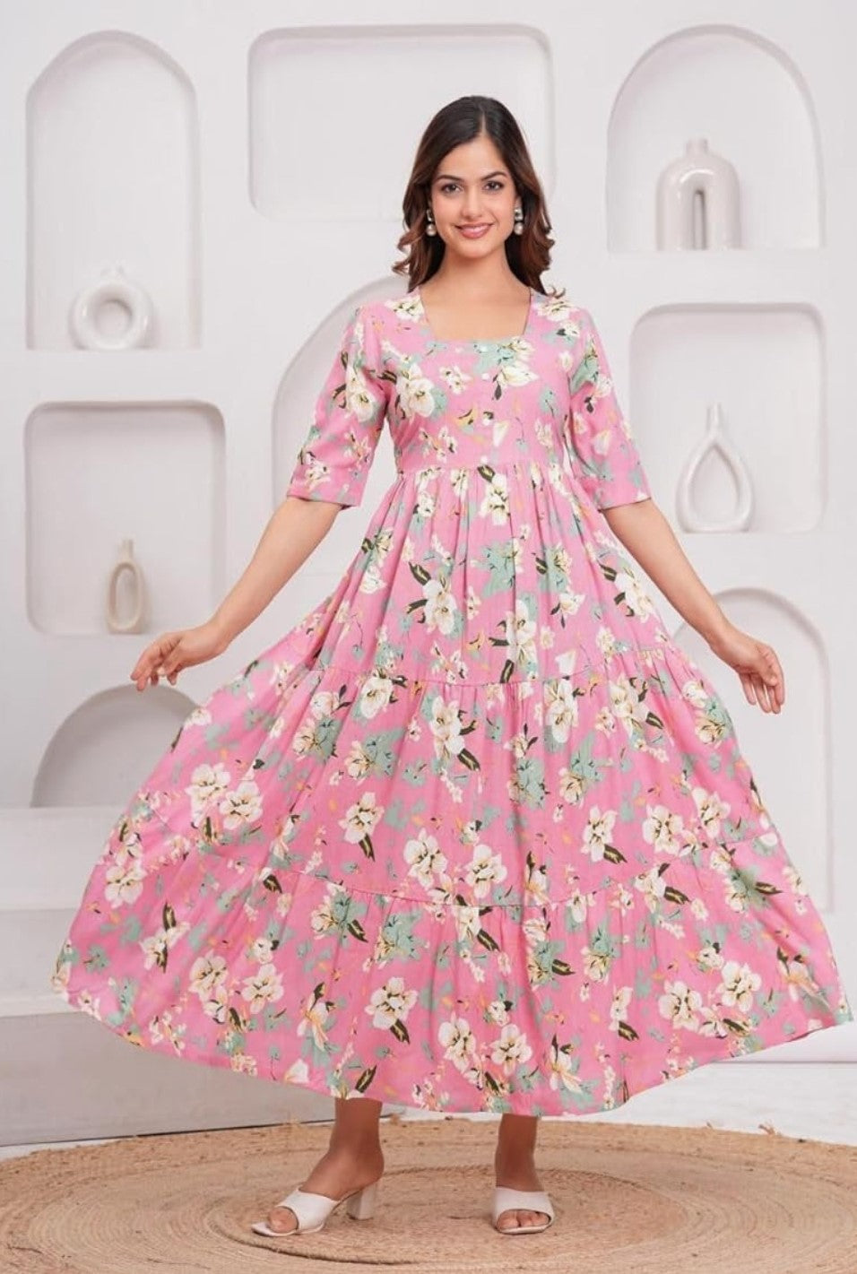 Pink Ethnic Motifs Floral Printed Tiered Fit & Flare Ethnic Dress