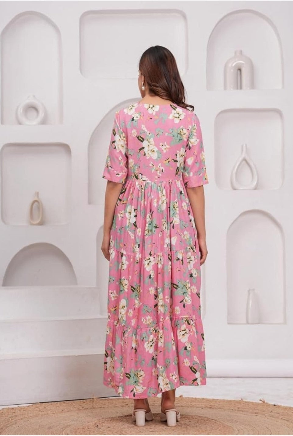 Pink Ethnic Motifs Floral Printed Tiered Fit & Flare Ethnic Dress