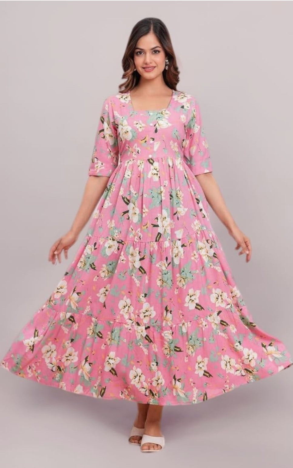Pink Ethnic Motifs Floral Printed Tiered Fit & Flare Ethnic Dress