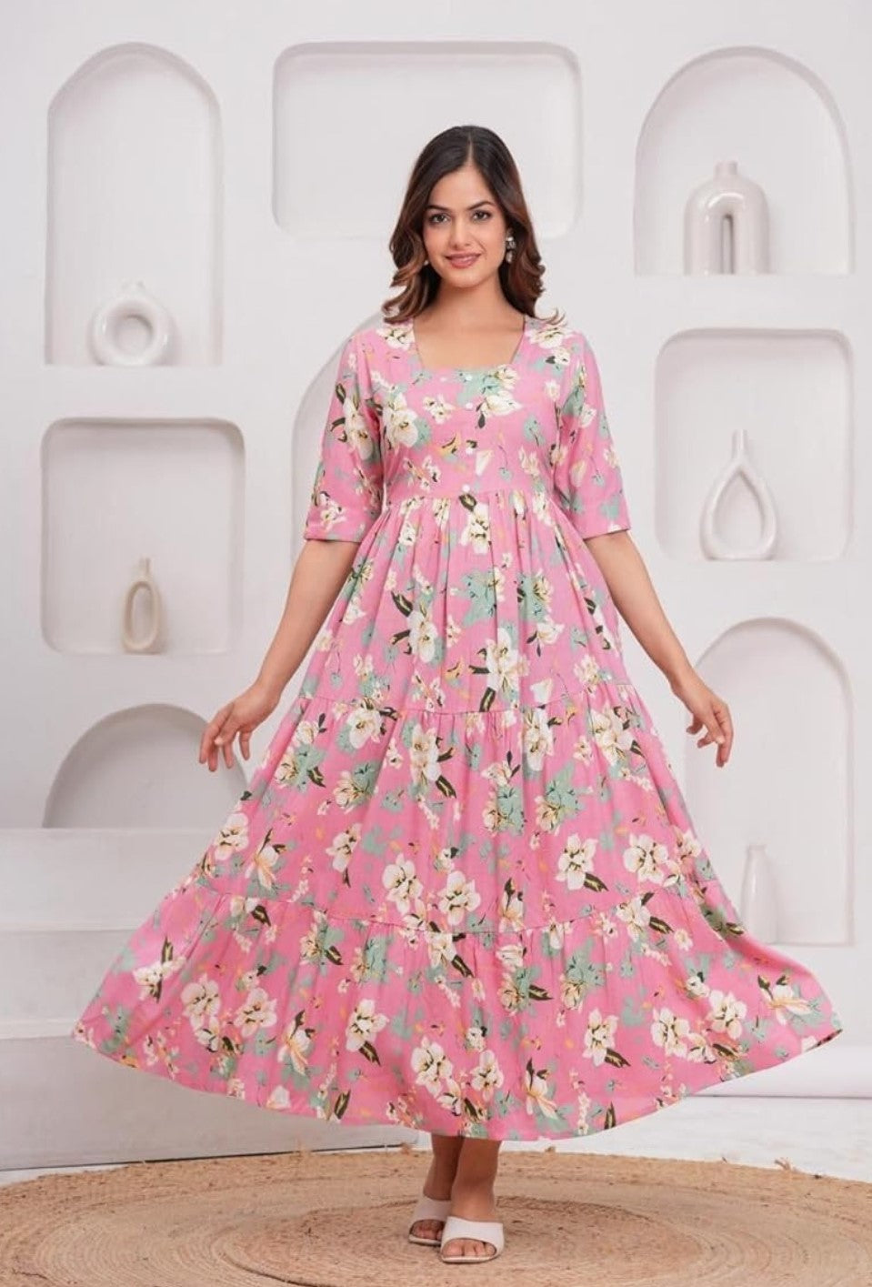 Pink Ethnic Motifs Floral Printed Tiered Fit & Flare Ethnic Dress