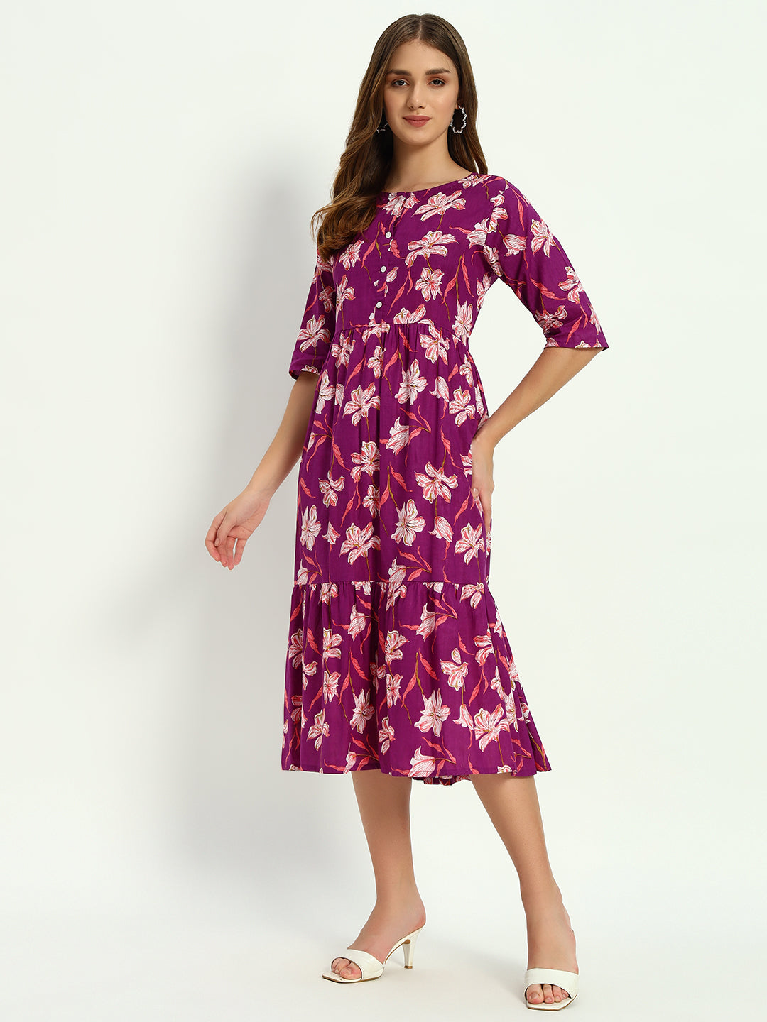 Ethnic Motifs Floral Printed Tiered Fit & Flare Ethnic Dress