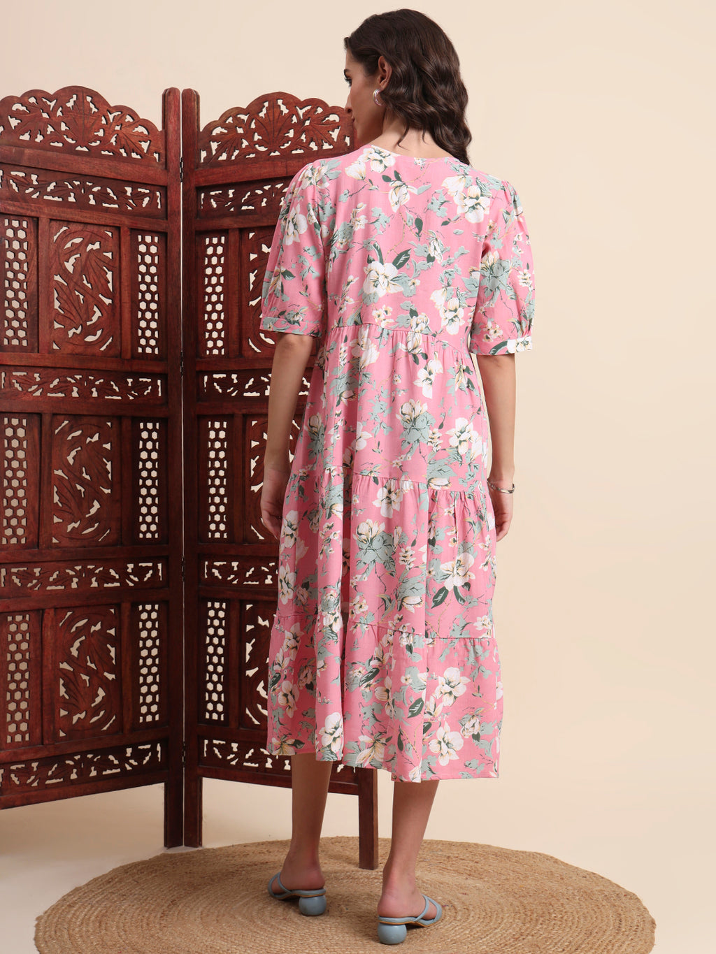Pink Ethnic Motifs Floral Printed Tiered Fit & Flare Ethnic Dress (Copy)