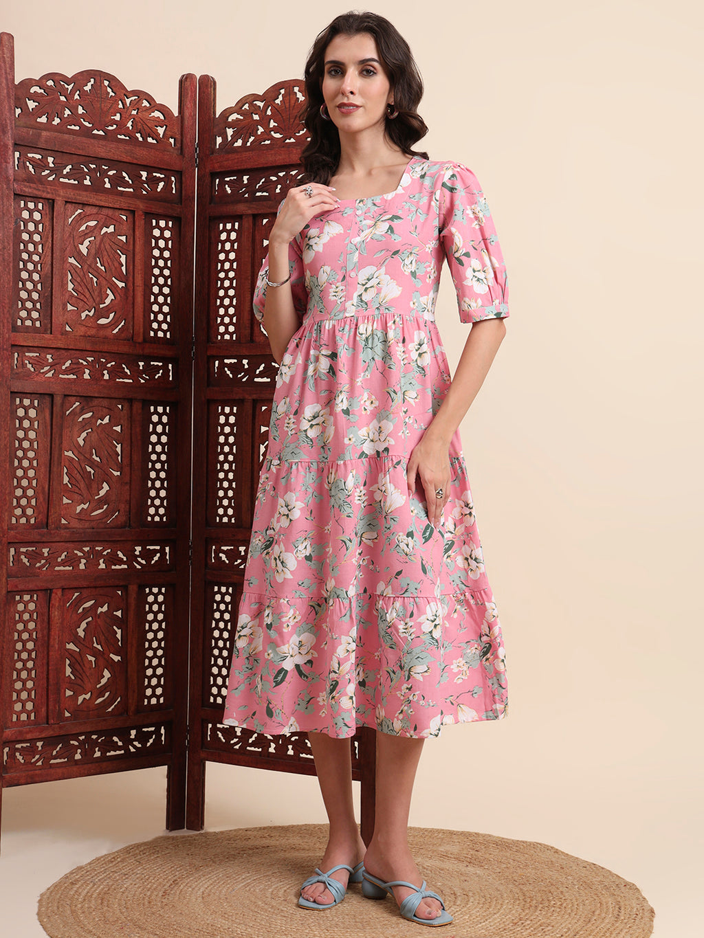 Pink Ethnic Motifs Floral Printed Tiered Fit & Flare Ethnic Dress (Copy)