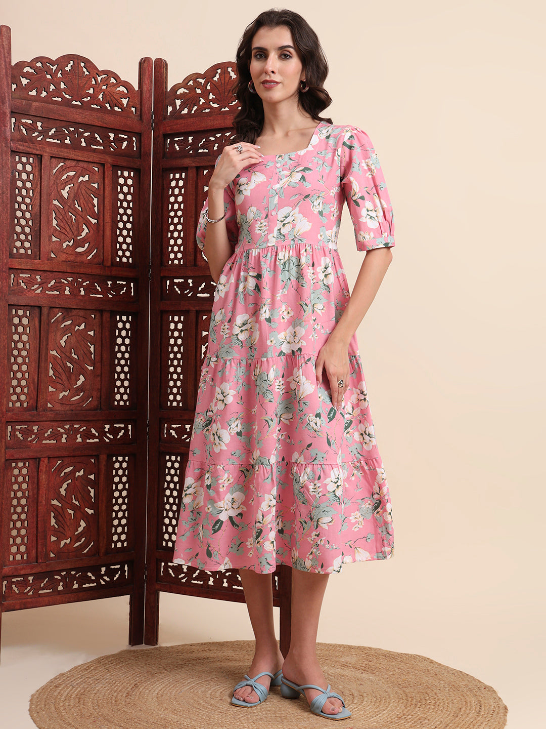 Pink Ethnic Motifs Floral Printed Tiered Fit & Flare Ethnic Dress (Copy)