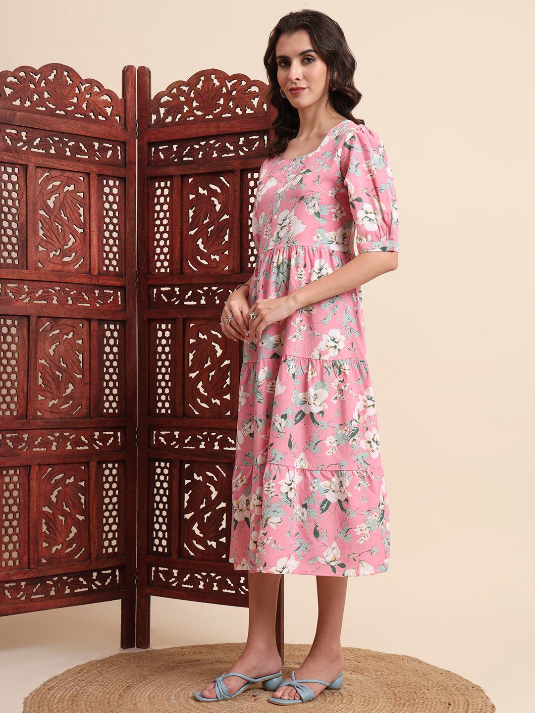 Pink Ethnic Motifs Floral Printed Tiered Fit & Flare Ethnic Dress (Copy)