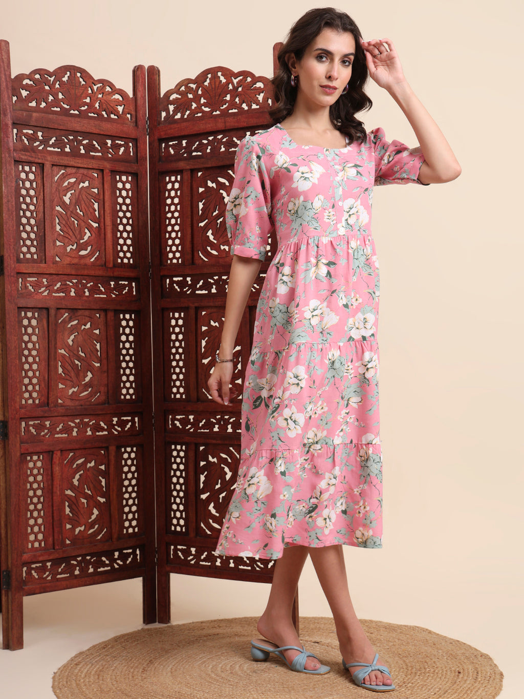 Pink Ethnic Motifs Floral Printed Tiered Fit & Flare Ethnic Dress (Copy)