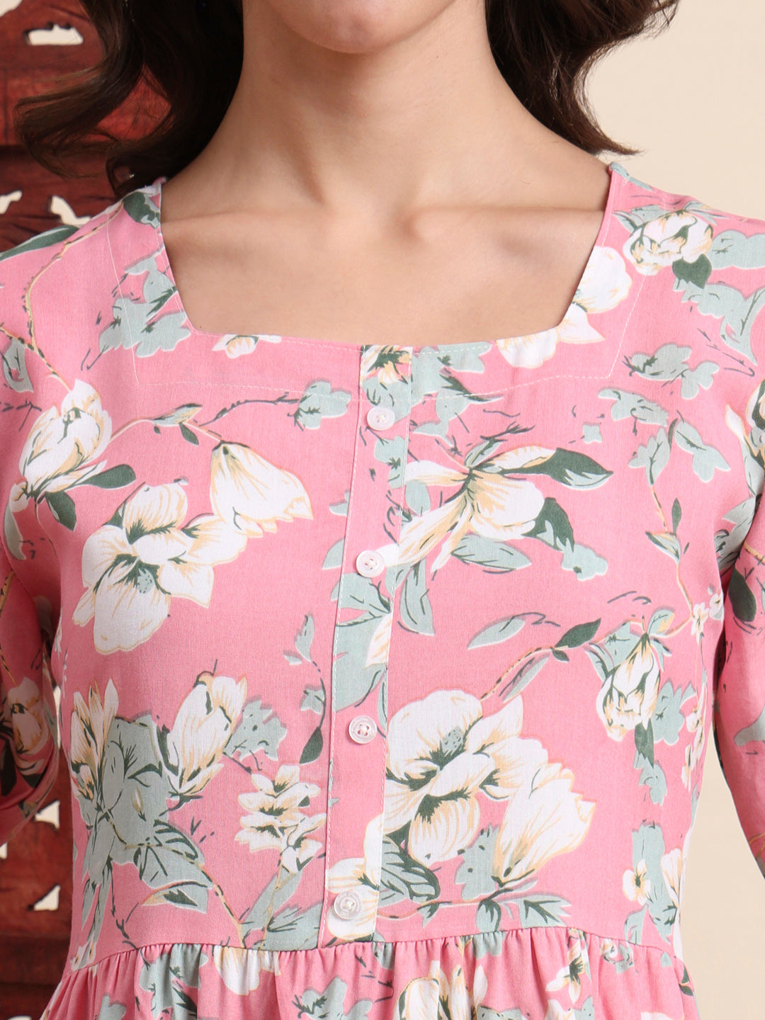 Pink Ethnic Motifs Floral Printed Tiered Fit & Flare Ethnic Dress (Copy)