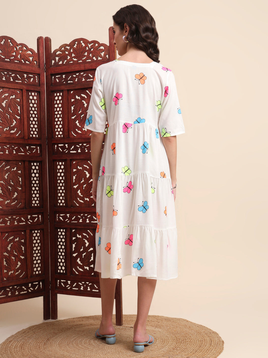 Ethnic Motifs Butterfly Printed Tiered Fit & Flare Ethnic Dress