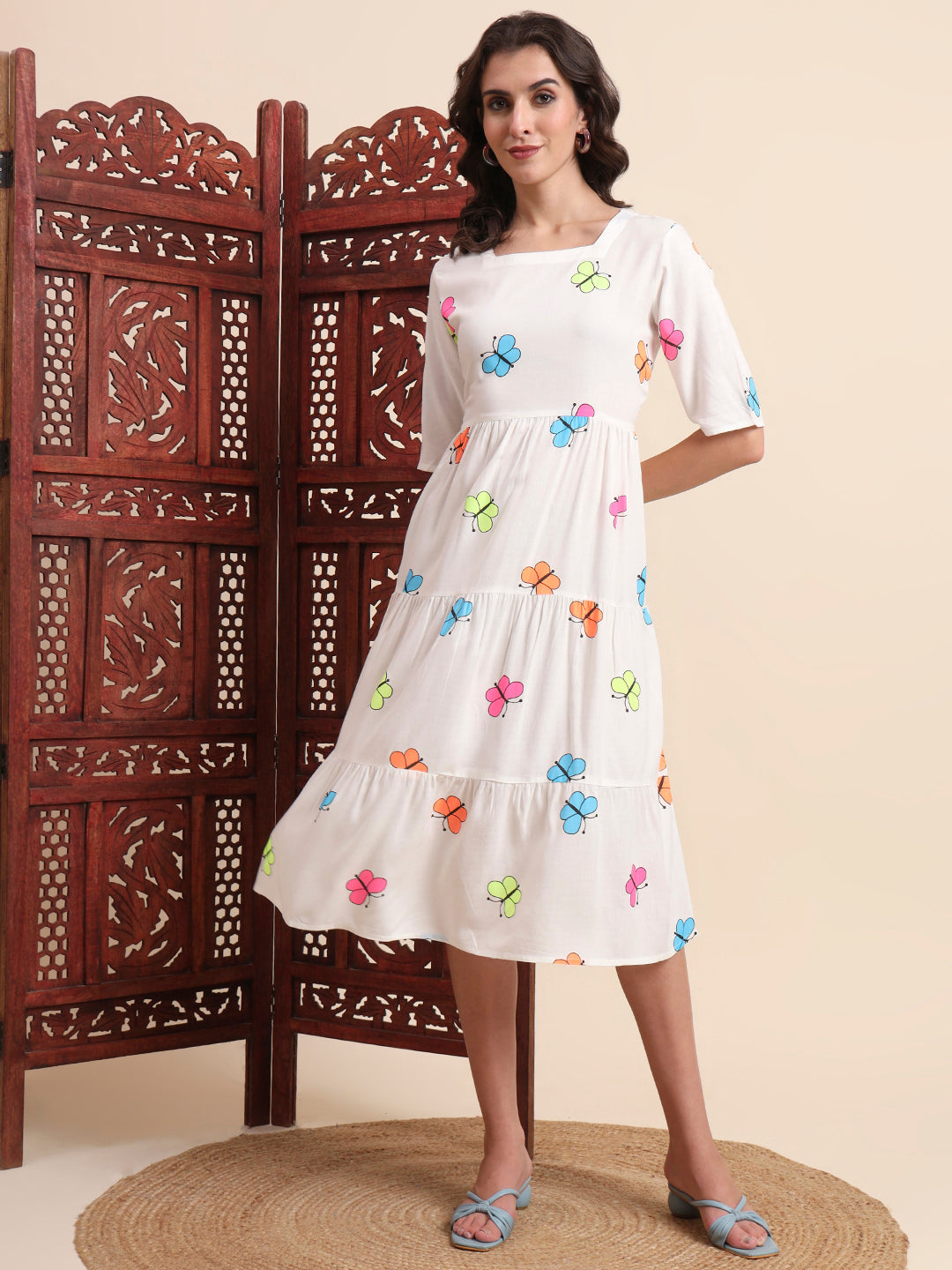 Ethnic Motifs Butterfly Printed Tiered Fit & Flare Ethnic Dress
