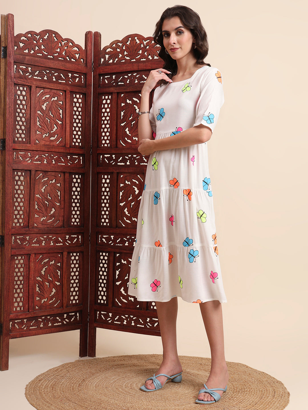 Ethnic Motifs Butterfly Printed Tiered Fit & Flare Ethnic Dress
