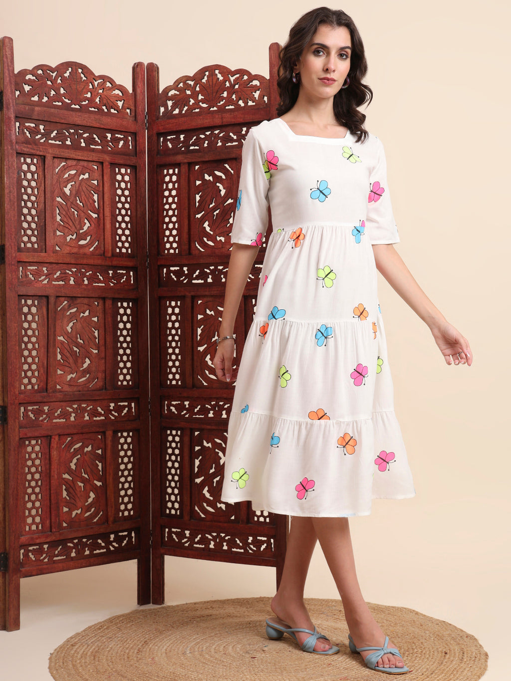 Ethnic Motifs Butterfly Printed Tiered Fit & Flare Ethnic Dress