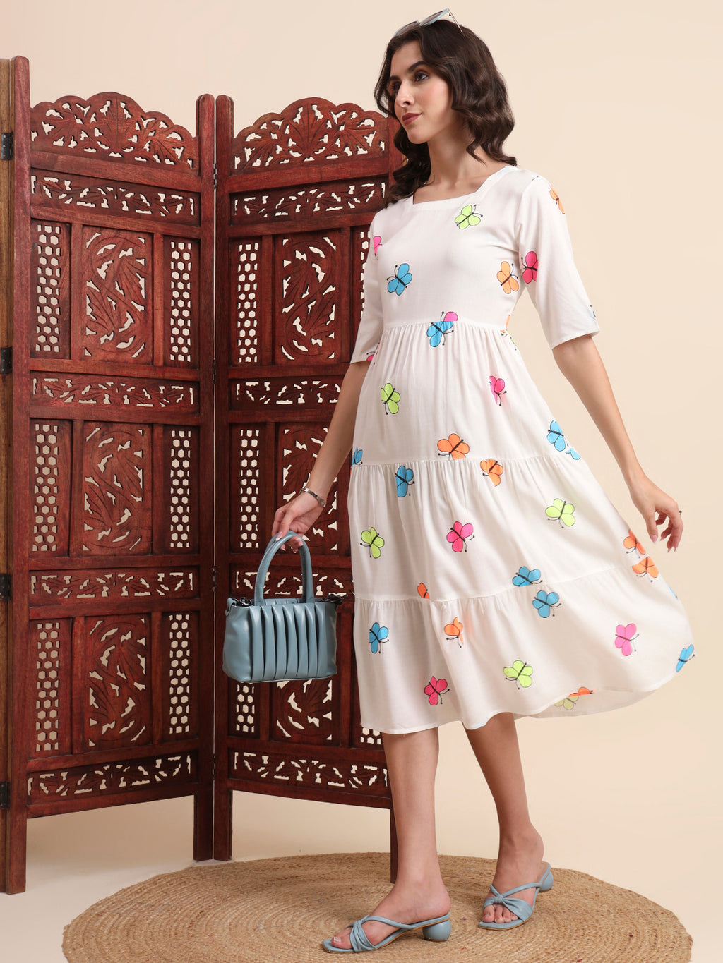 Ethnic Motifs Butterfly Printed Tiered Fit & Flare Ethnic Dress