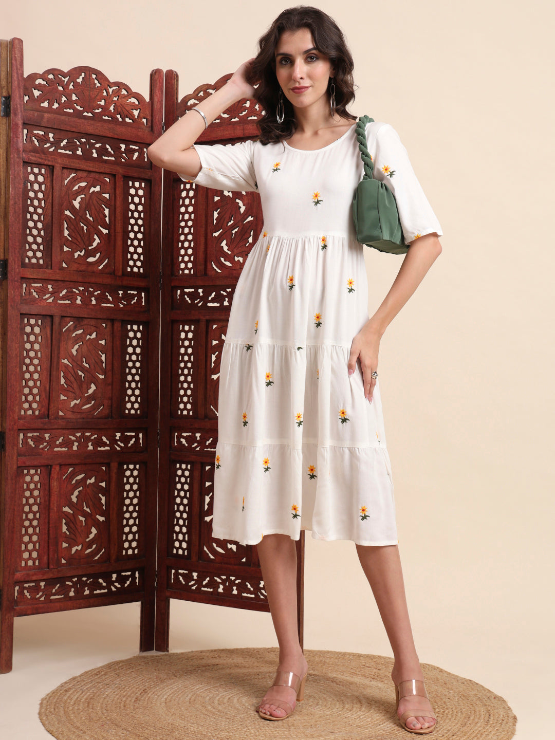 Ethnic Motifs Embroidery Tiered Fit & Flare Ethnic Dress