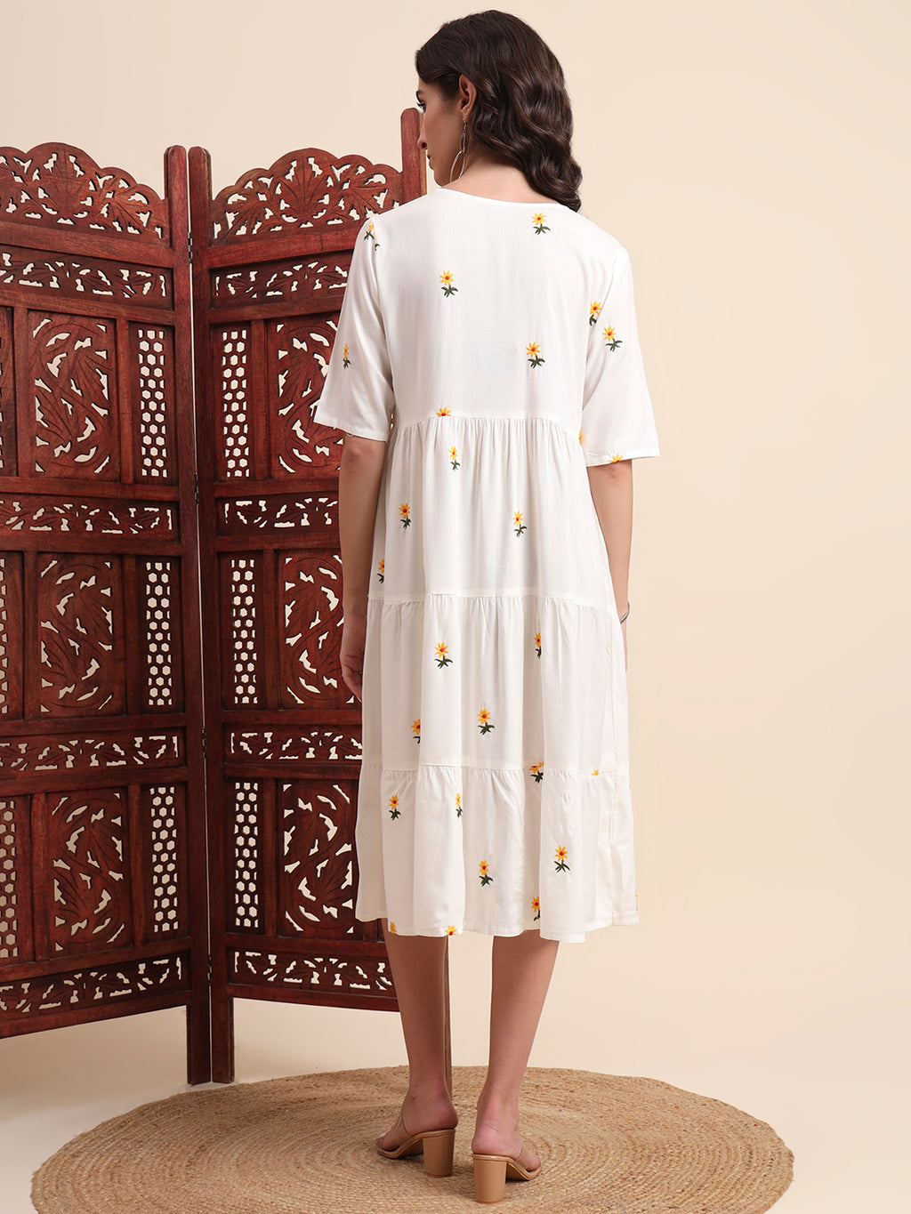 Ethnic Motifs Embroidery Tiered Fit & Flare Ethnic Dress