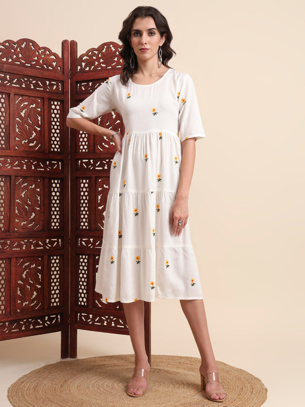 Ethnic Motifs Embroidery Tiered Fit & Flare Ethnic Dress