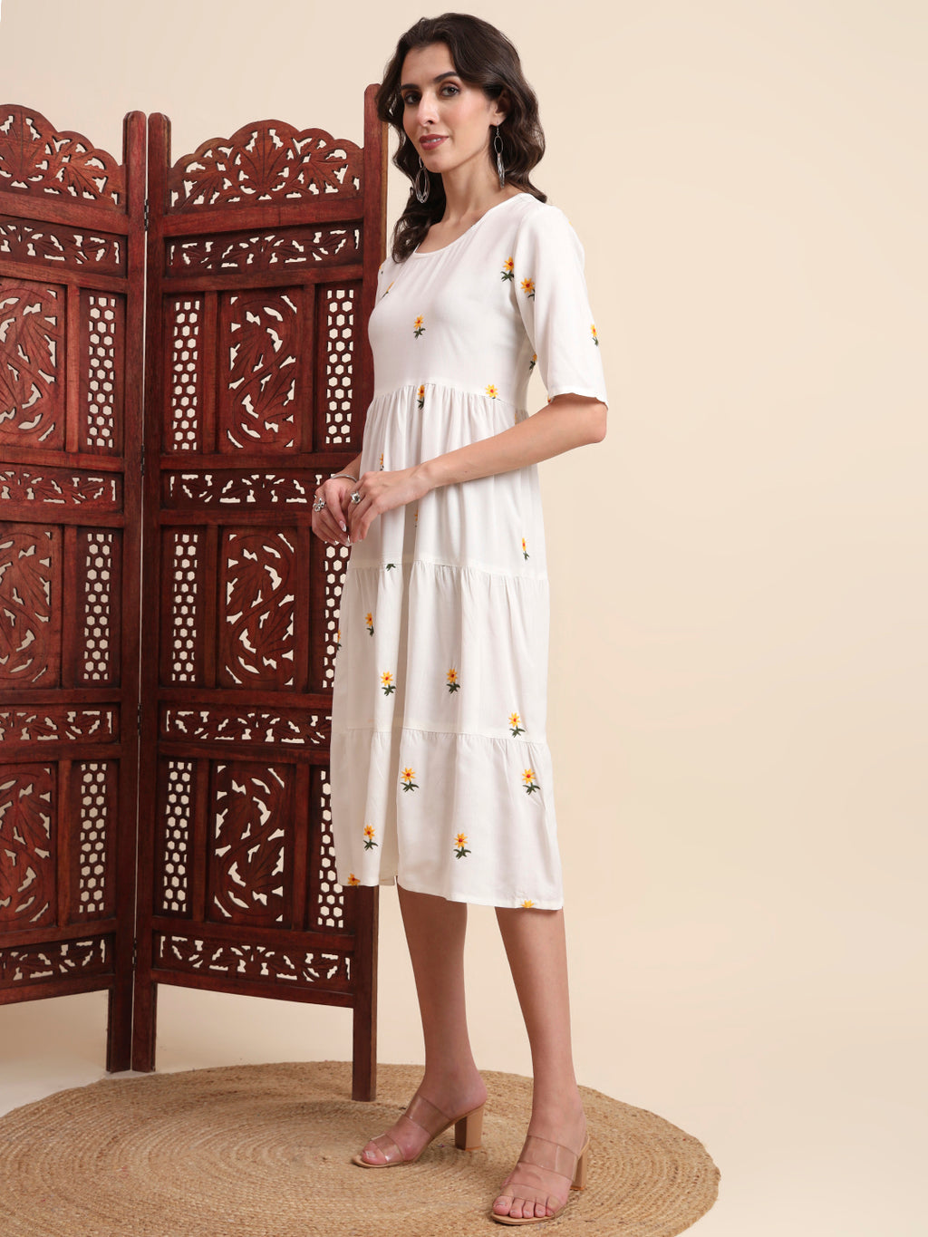 Ethnic Motifs Embroidery Tiered Fit & Flare Ethnic Dress
