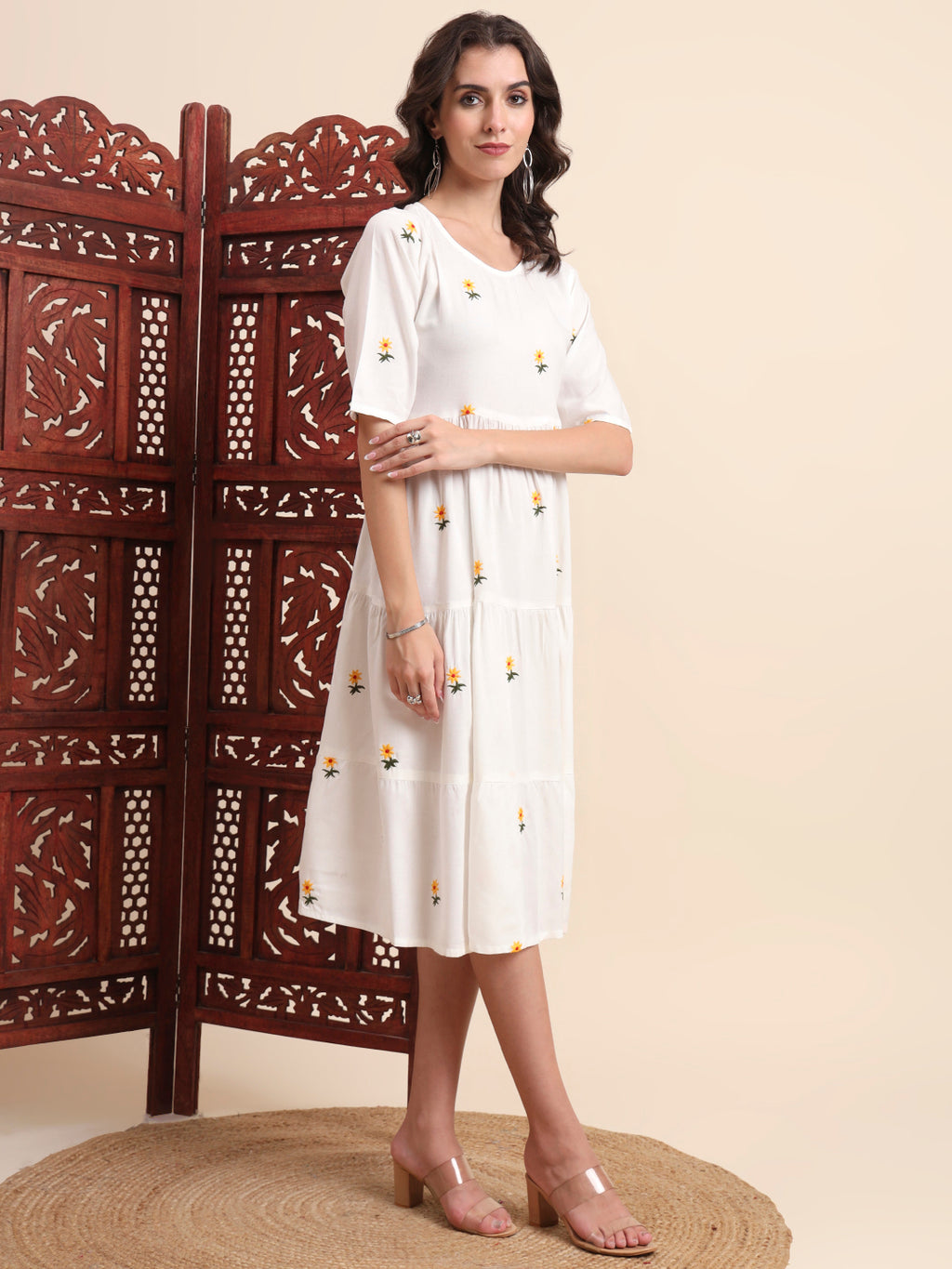 Ethnic Motifs Embroidery Tiered Fit & Flare Ethnic Dress