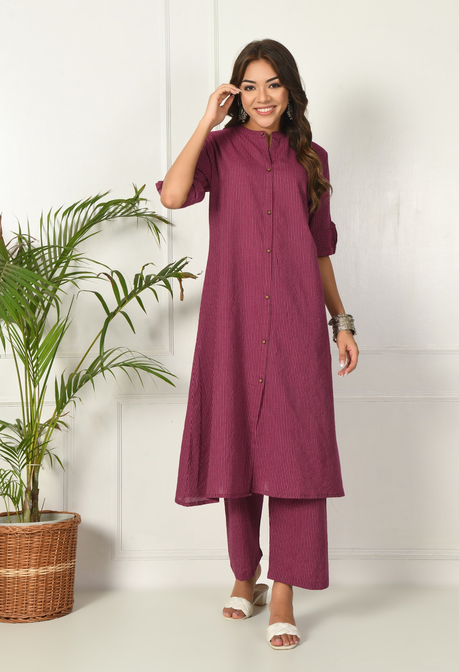 Wine Solid cotton Katha fabric A-Line Kurta Pant Set