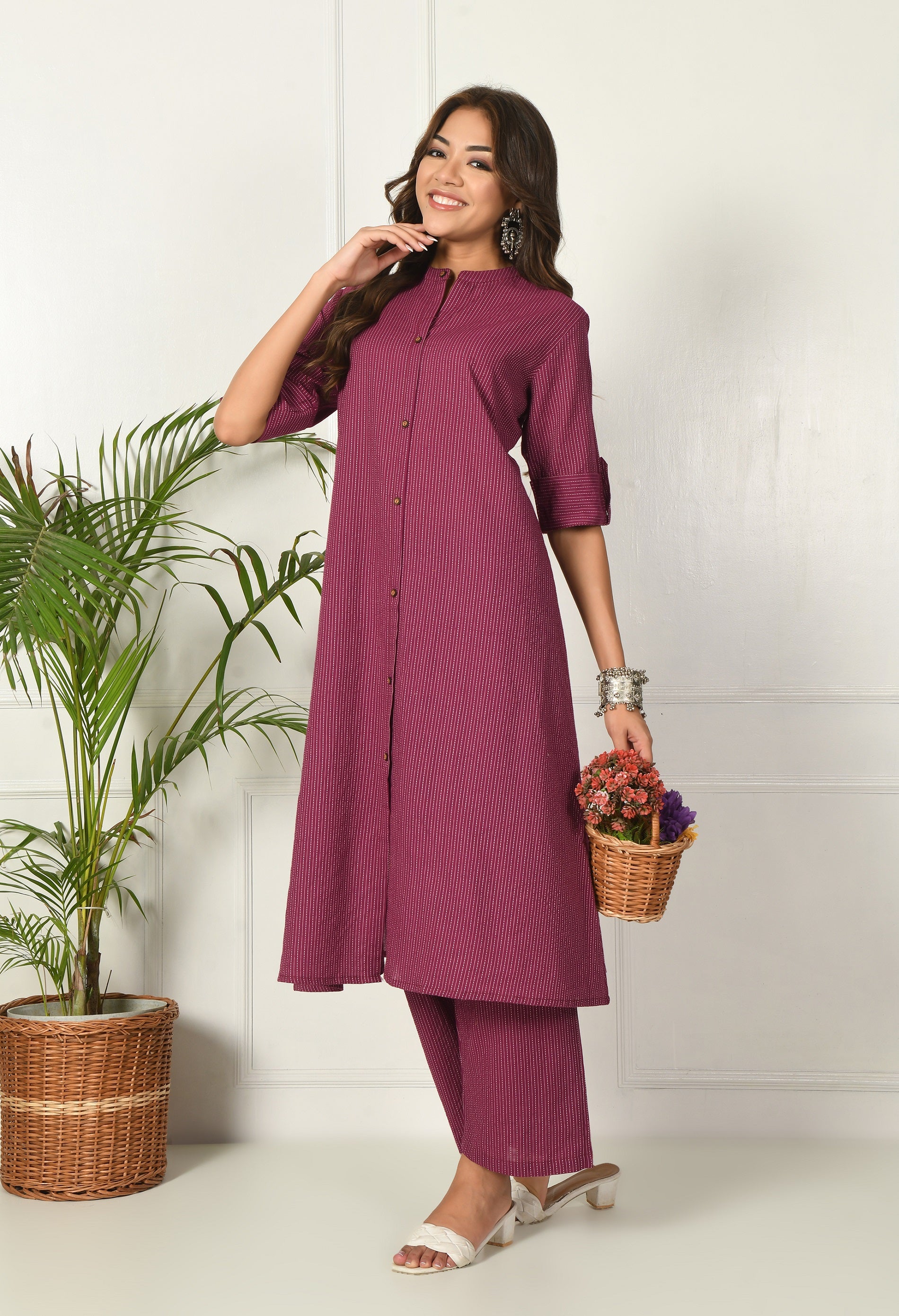 Wine Solid cotton Katha fabric A-Line Kurta Pant Set