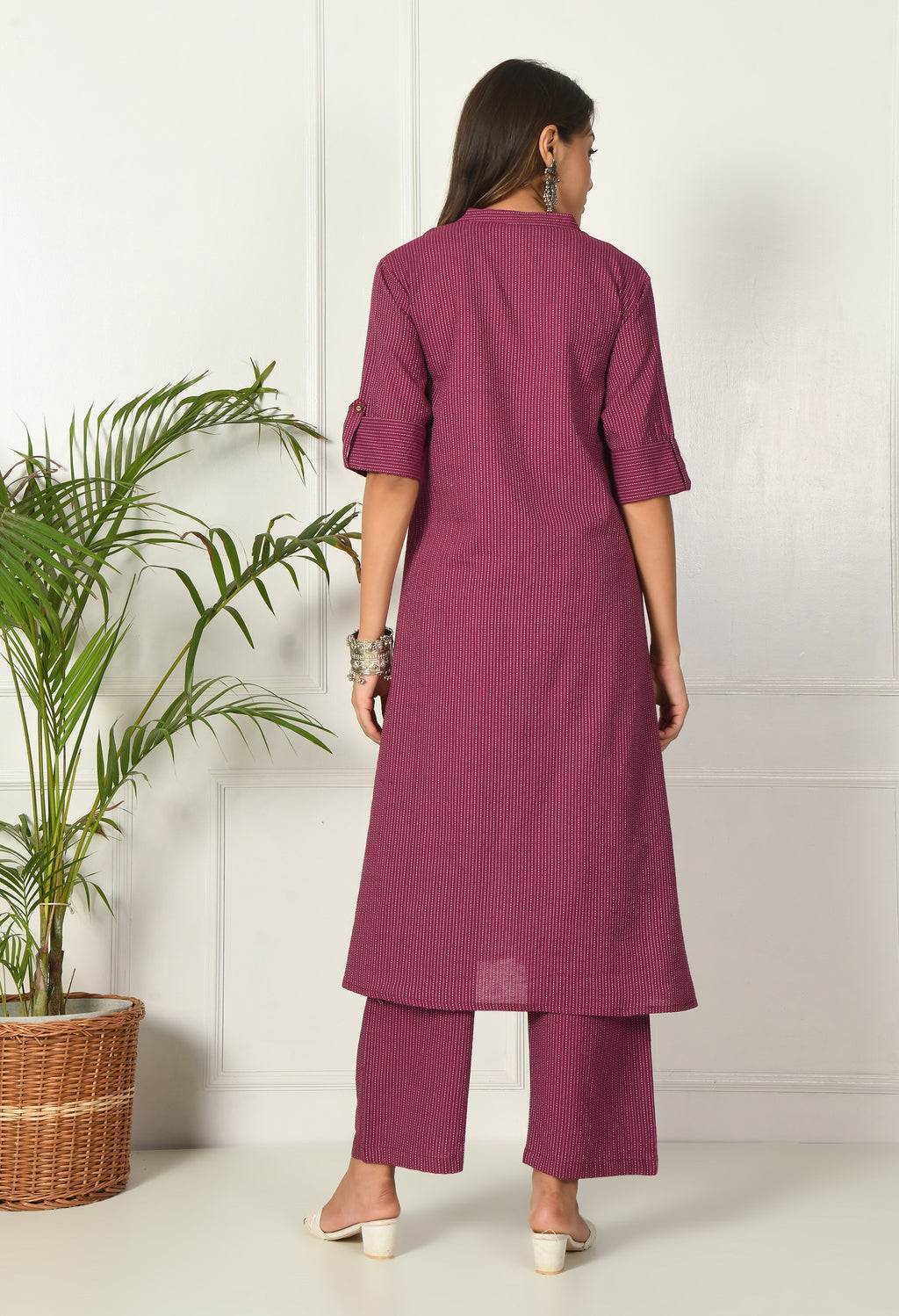 Wine Solid cotton Katha fabric A-Line Kurta Pant Set