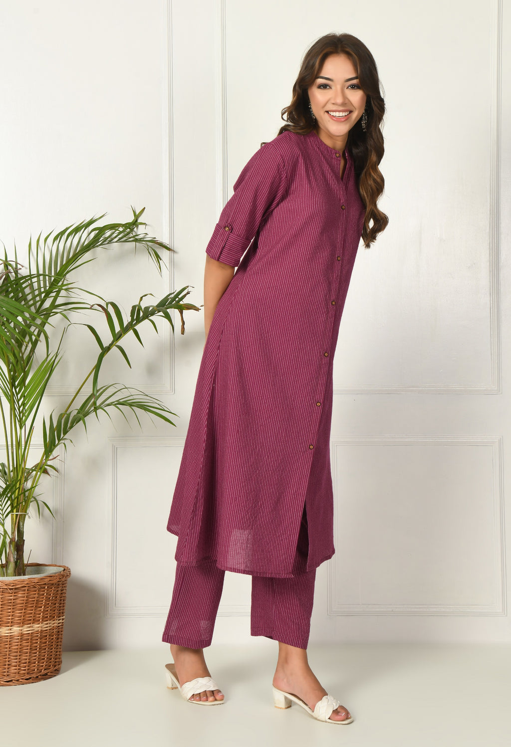 Wine Solid cotton Katha fabric A-Line Kurta Pant Set