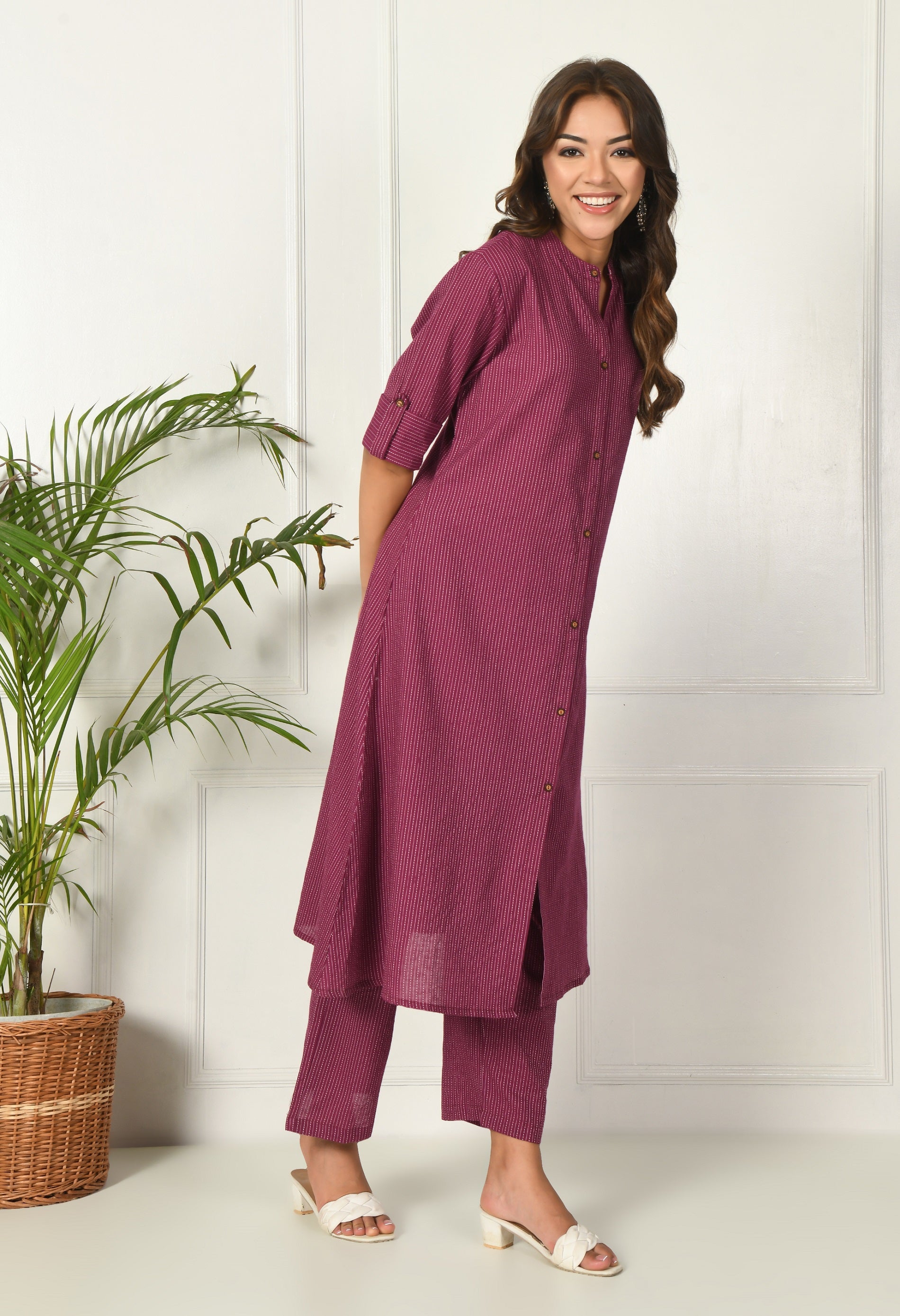 Wine Solid cotton Katha fabric A-Line Kurta Pant Set