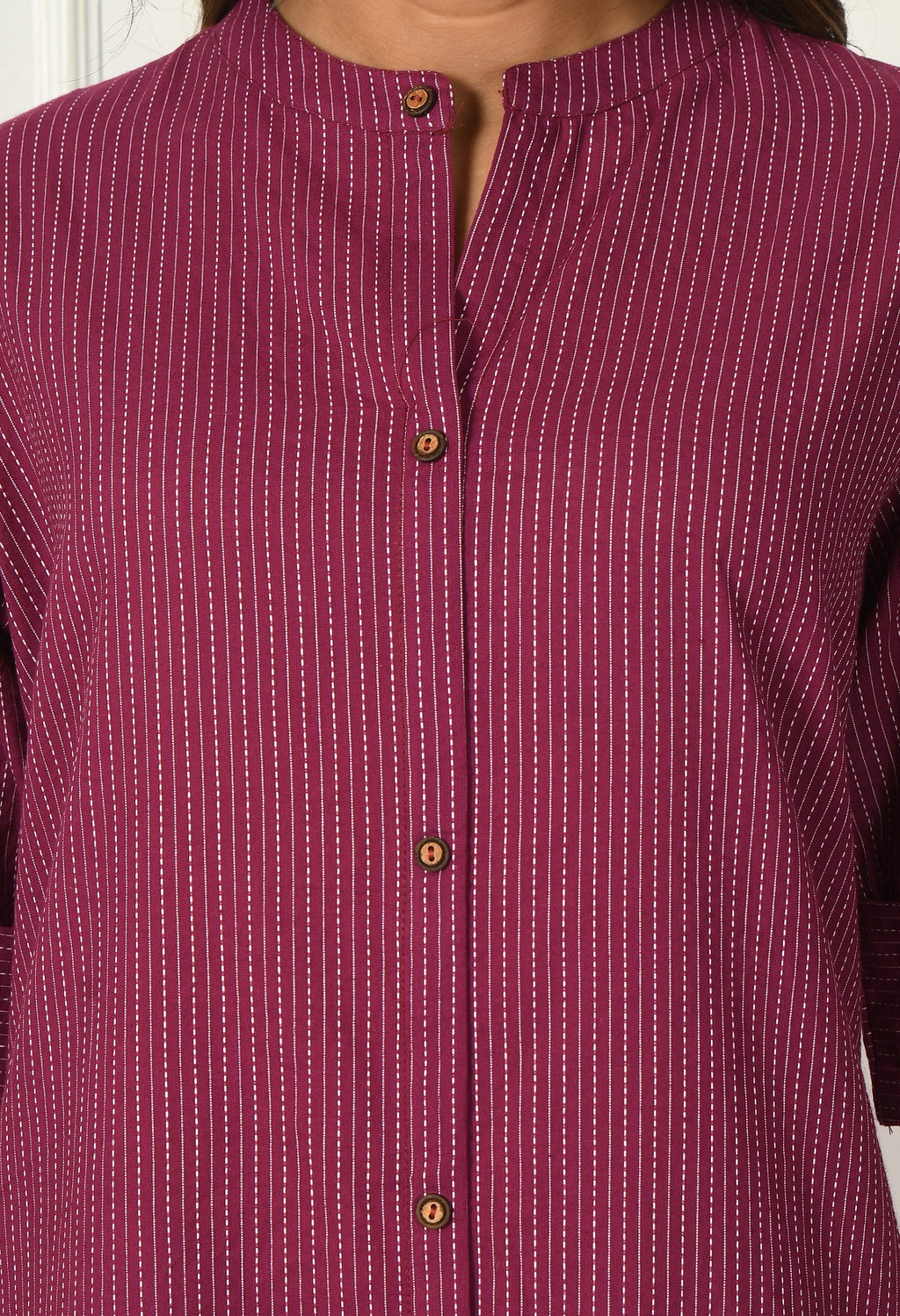 Wine Solid cotton Katha fabric A-Line Kurta Pant Set