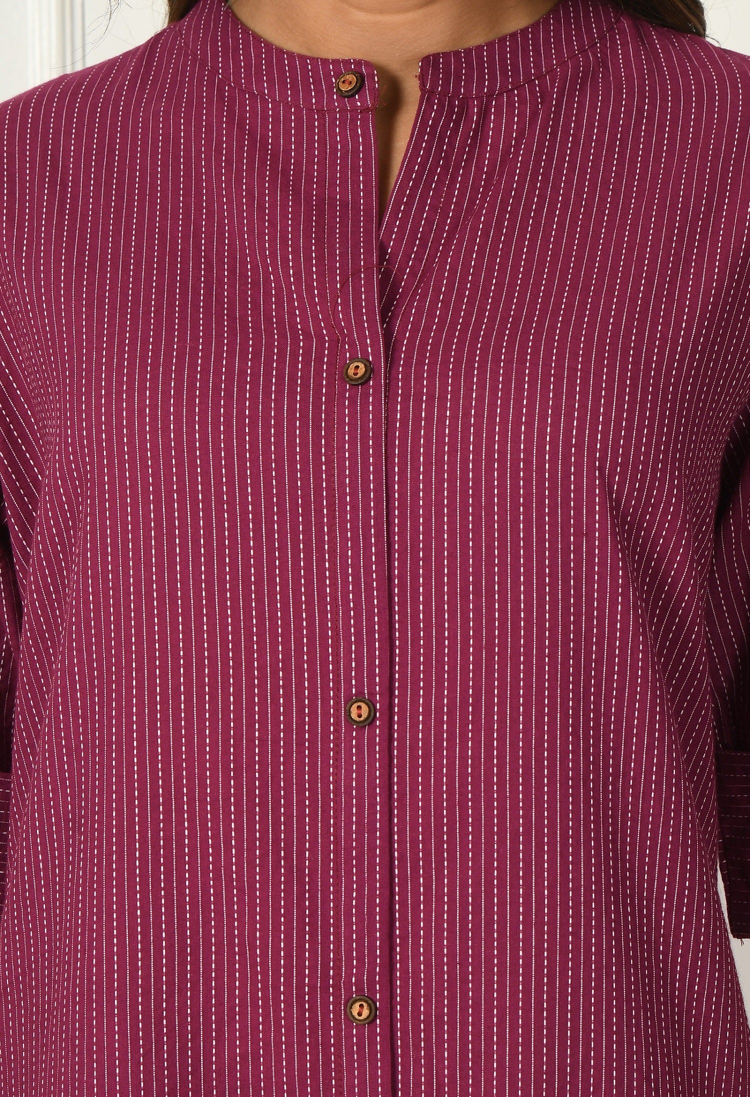 Wine Solid cotton Katha fabric A-Line Kurta Pant Set
