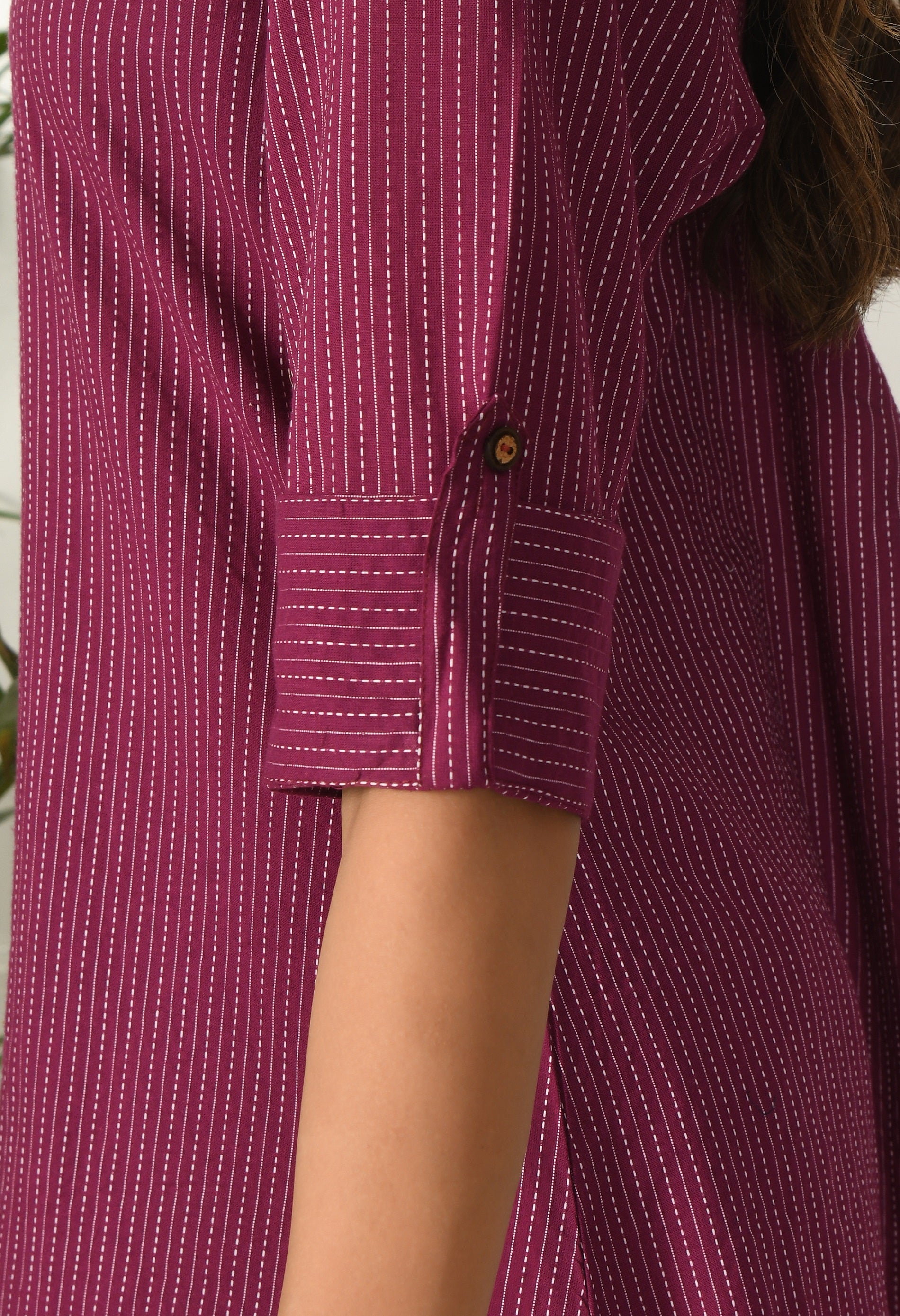 Wine Solid cotton Katha fabric A-Line Kurta Pant Set
