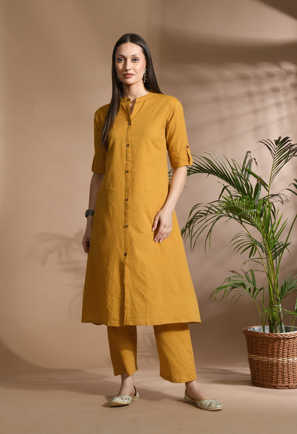 Mustered Solid cotton Katha fabric A-Line Kurta Pant Set