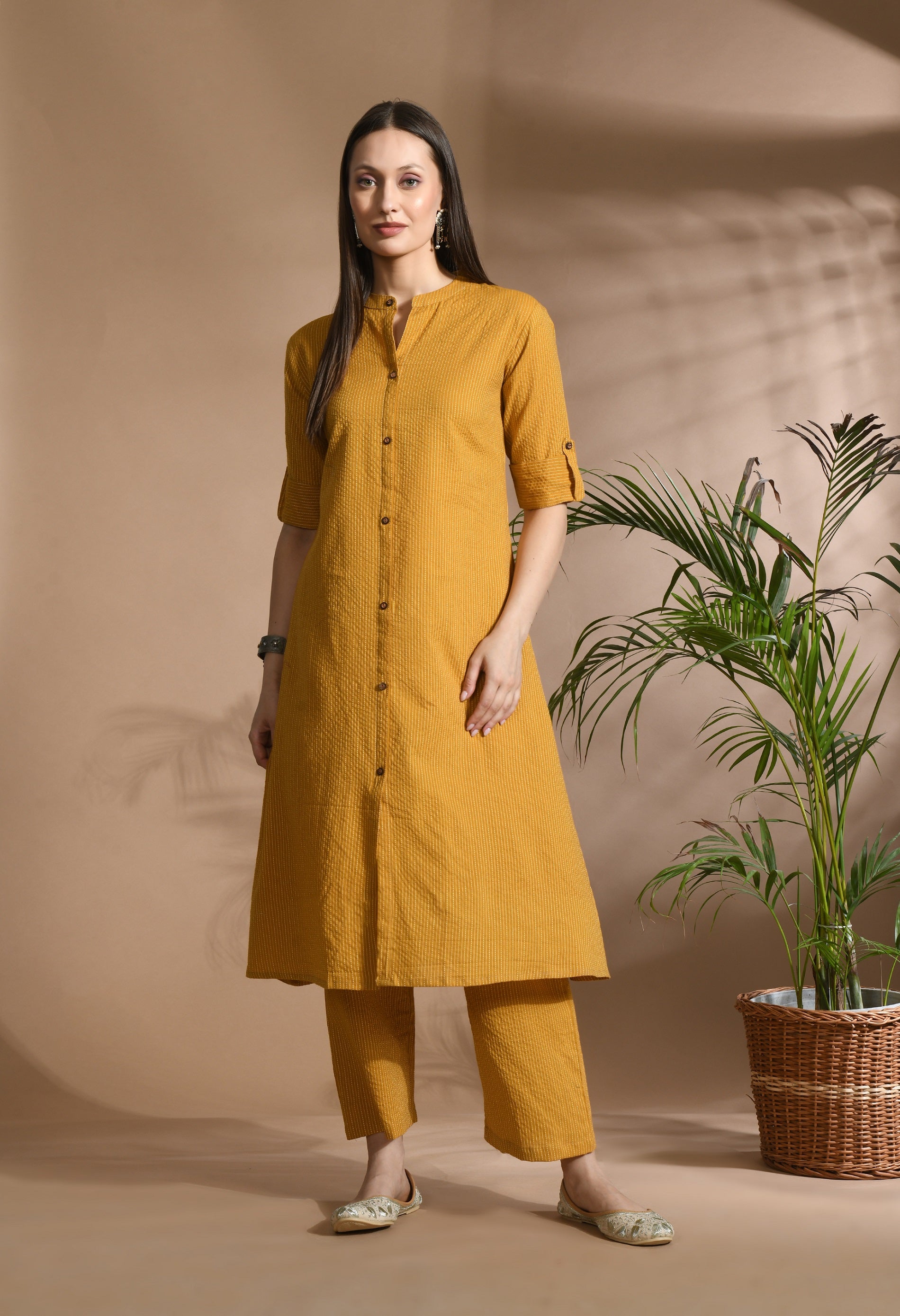 Mustered Solid cotton Katha fabric A-Line Kurta Pant Set