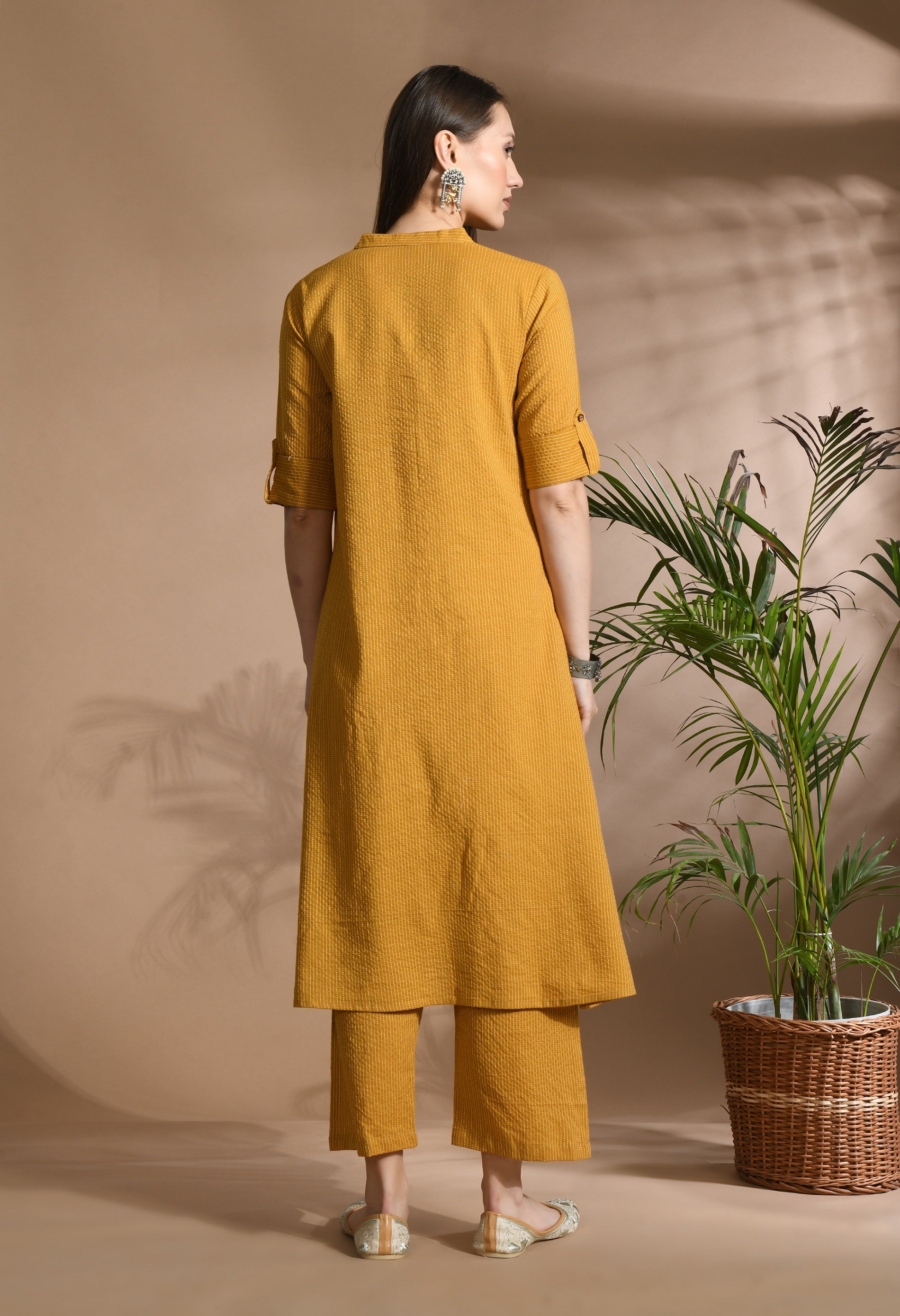 Mustered Solid cotton Katha fabric A-Line Kurta Pant Set