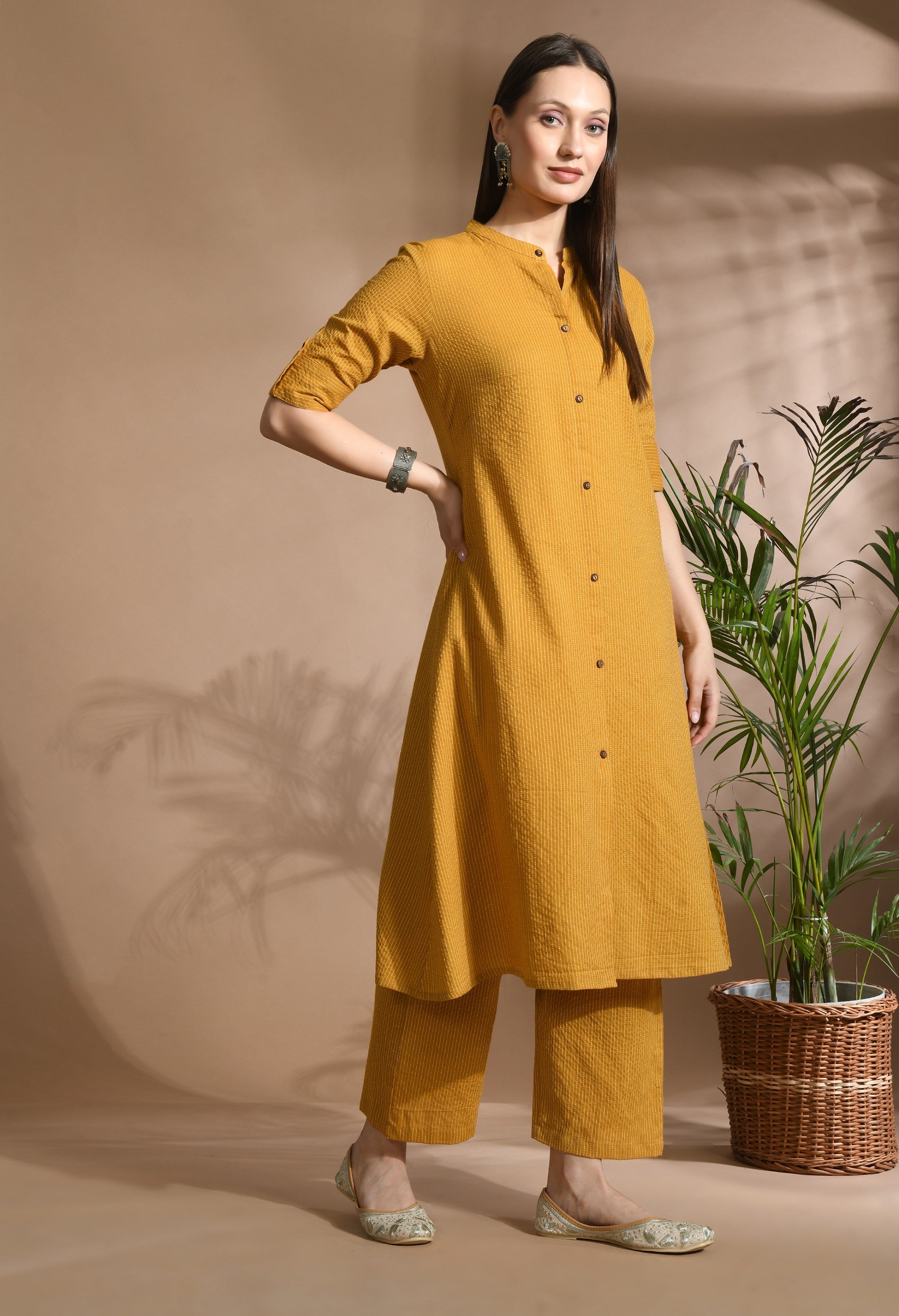 Mustered Solid cotton Katha fabric A-Line Kurta Pant Set