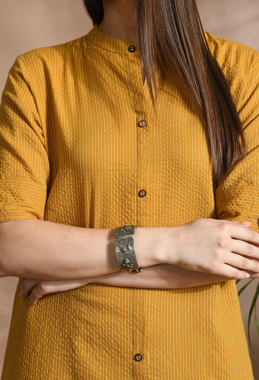 Mustered Solid cotton Katha fabric A-Line Kurta Pant Set