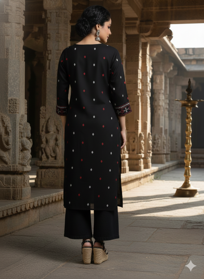Black Floral Printed Rayon Straight Calf Length Kurta