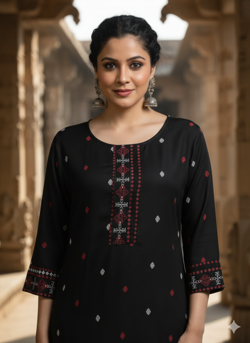 Black Floral Printed Rayon Straight Calf Length Kurta