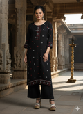 Black Floral Printed Rayon Straight Calf Length Kurta