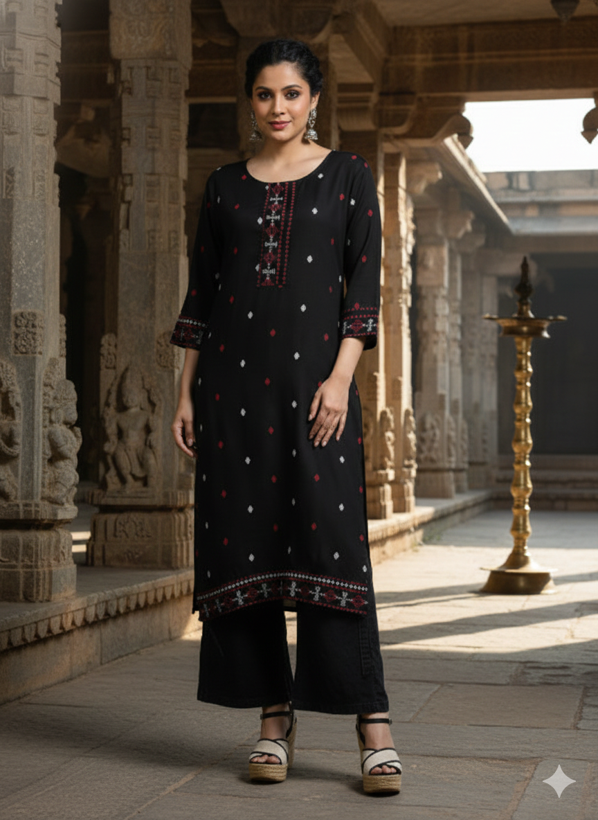 Black Floral Printed Rayon Straight Calf Length Kurta