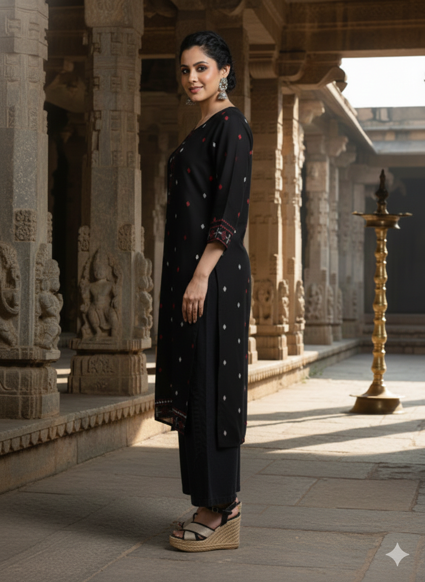 Black Floral Printed Rayon Straight Calf Length Kurta