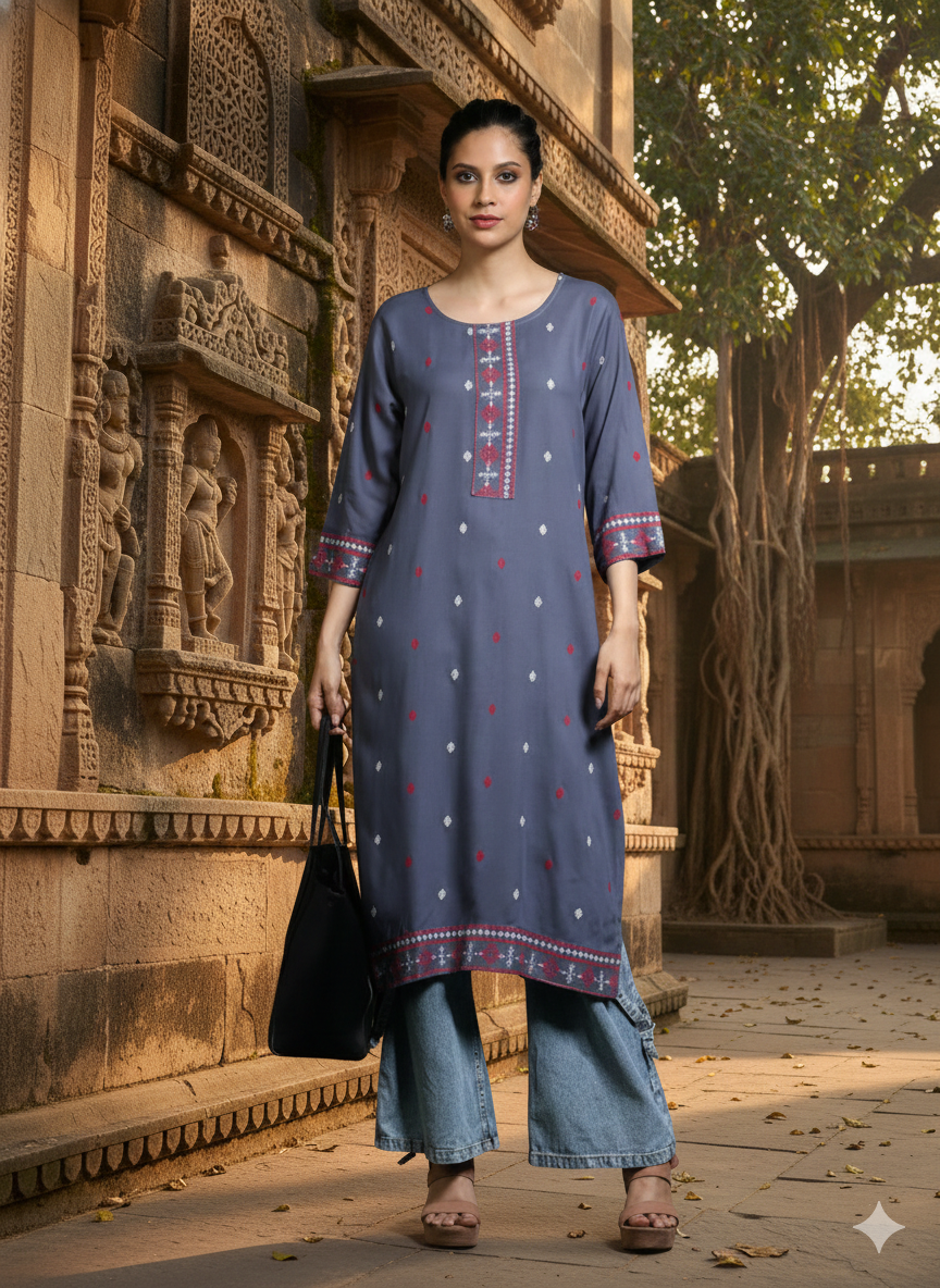 Grey Floral Printed Rayon Straight Calf Length Kurta