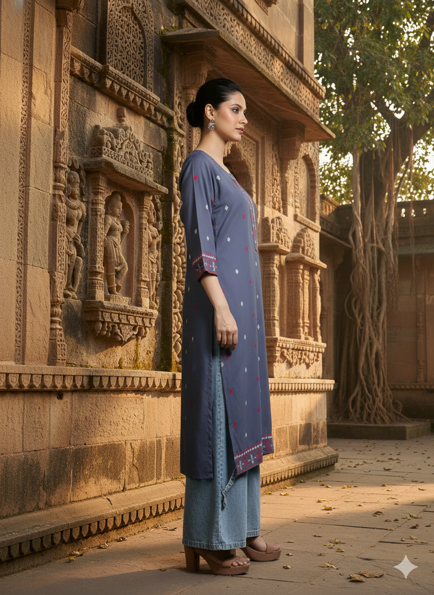 Grey Floral Printed Rayon Straight Calf Length Kurta