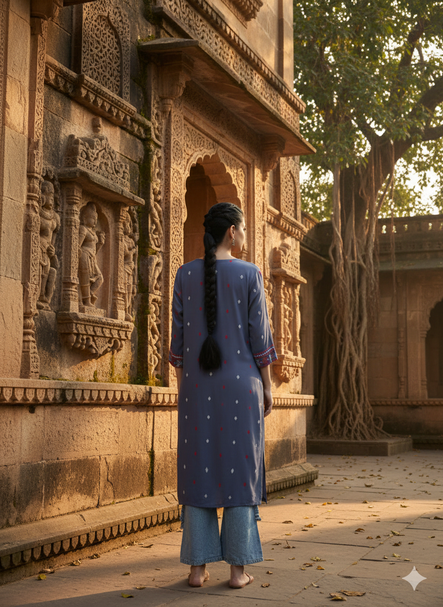 Grey Floral Printed Rayon Straight Calf Length Kurta