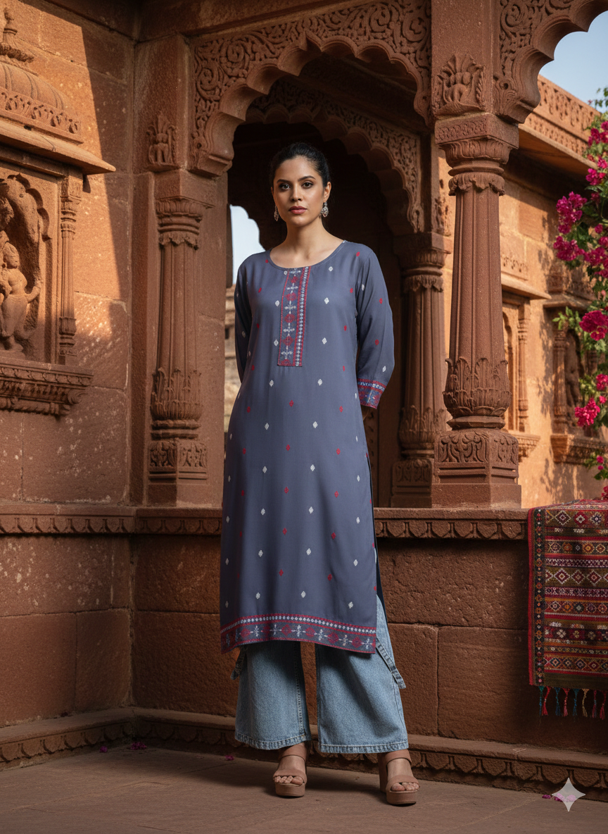 Grey Floral Printed Rayon Straight Calf Length Kurta