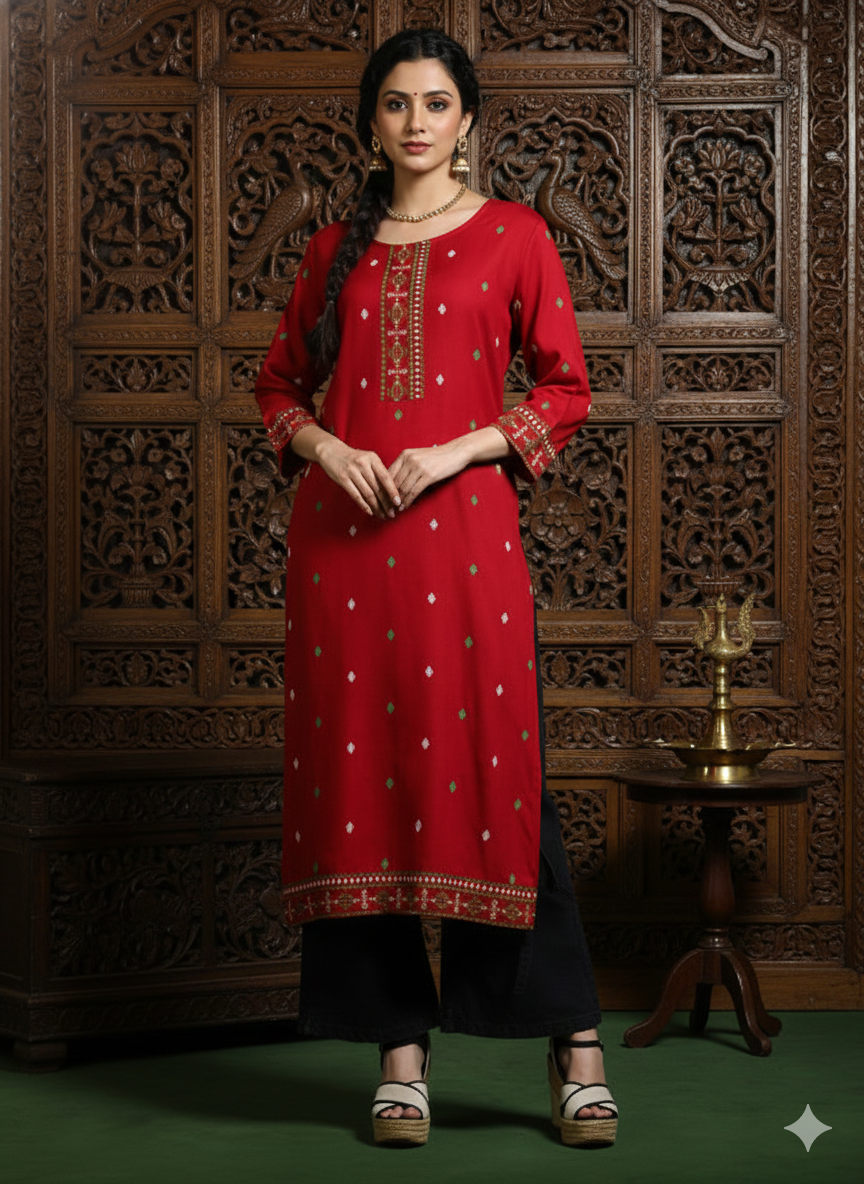 Maroon Floral Printed Rayon Straight Calf Length Kurta