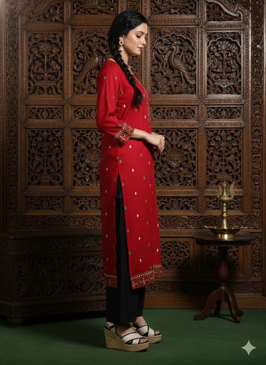 Maroon Floral Printed Rayon Straight Calf Length Kurta