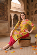 Yellow Floral Printed Rayon Straight Calf Length Kurta