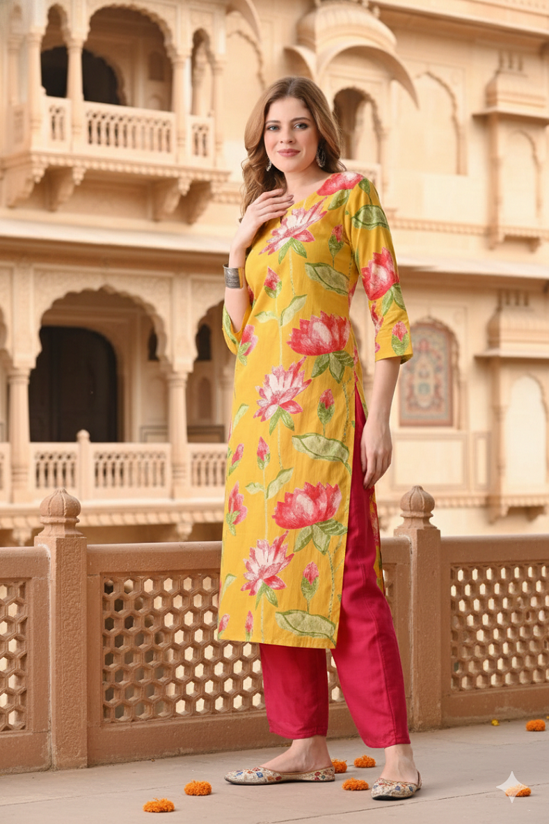 Yellow Floral Printed Rayon Straight Calf Length Kurta