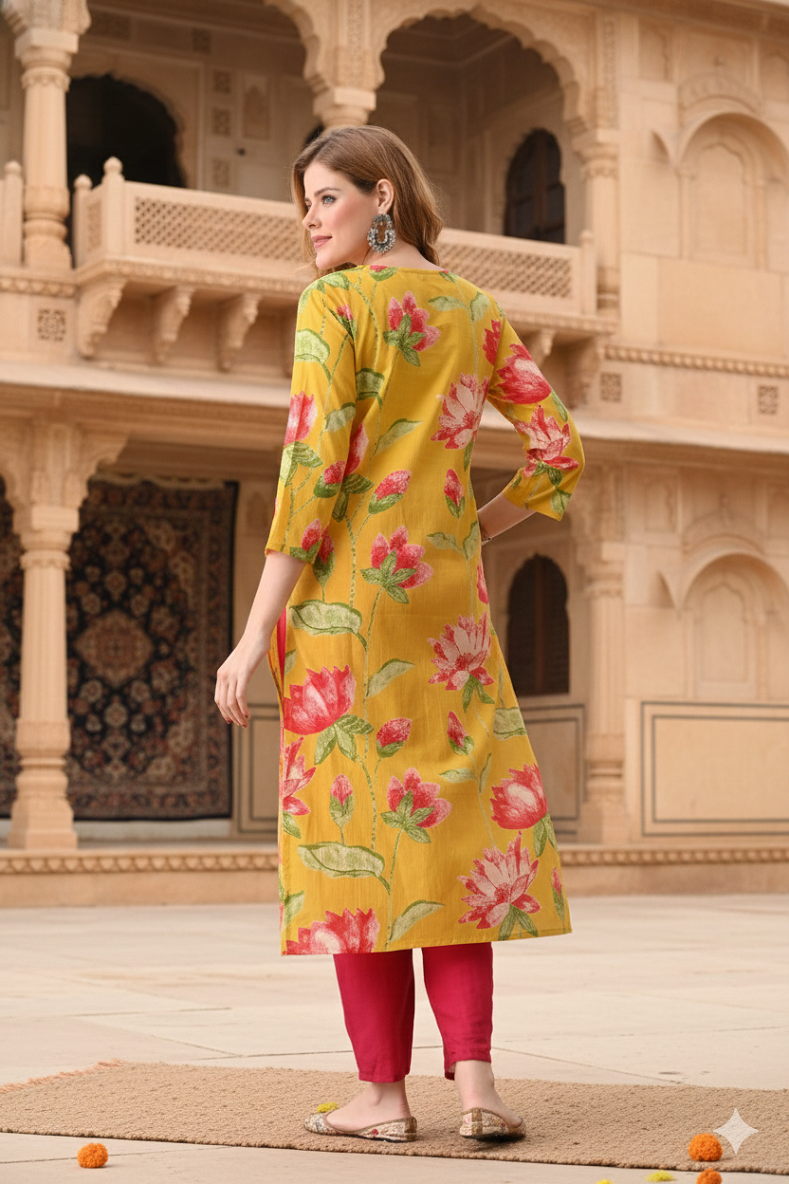 Yellow Floral Printed Rayon Straight Calf Length Kurta