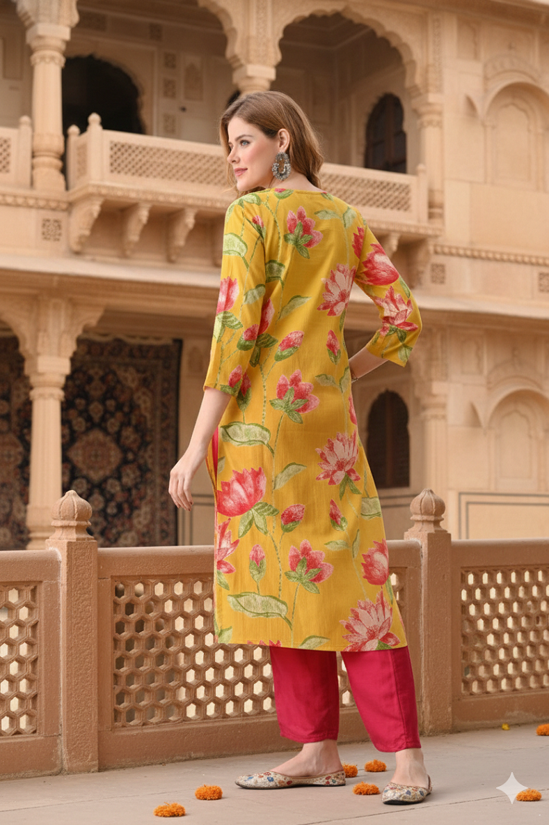 Yellow Floral Printed Rayon Straight Calf Length Kurta